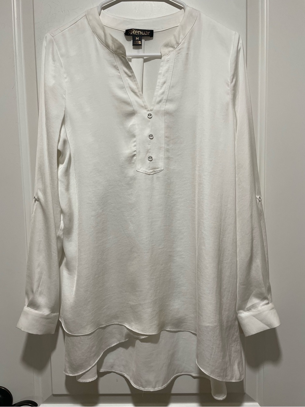 Boutique Chic Renuar Off White Split-Neck Layered Hem Hi Lo Sz M Tab Sleeve Top